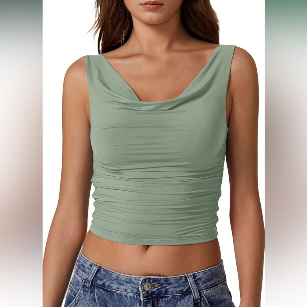 Women's Cowl Neck Top Sleeveless Ruched Double Lined Crop Top Y2k T Shirts XL